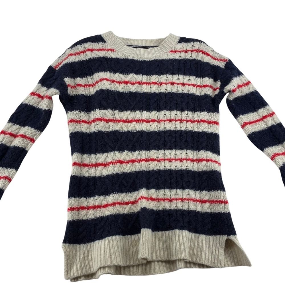 J. Crew Sweater Mens M Sweater Navy Cream Red Striped Cable Knit Merino Wool